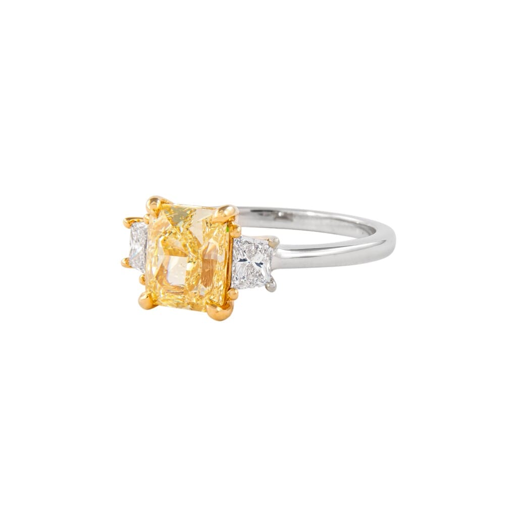 White Gold and 2.01ct Radiant Cut Fancy Yellow Diamond Three Stone Engagement Ring