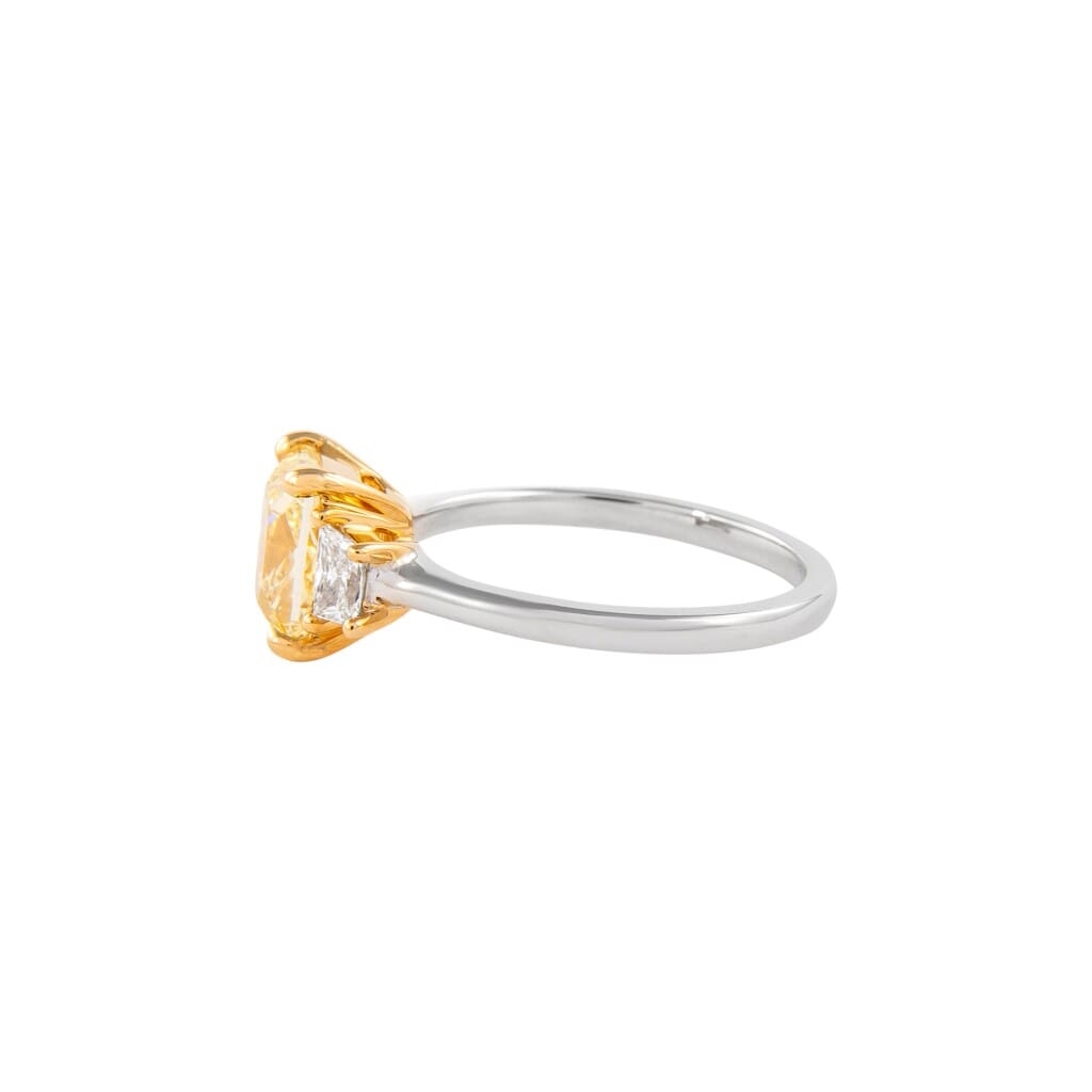 White Gold and 2.01ct Radiant Cut Fancy Yellow Diamond Three Stone Engagement Ring