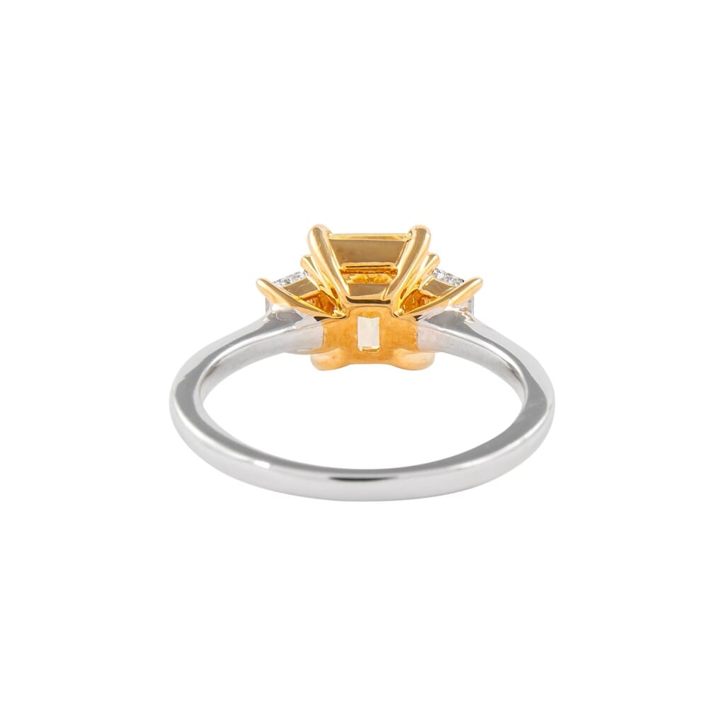 White Gold and 2.01ct Radiant Cut Fancy Yellow Diamond Three Stone Engagement Ring