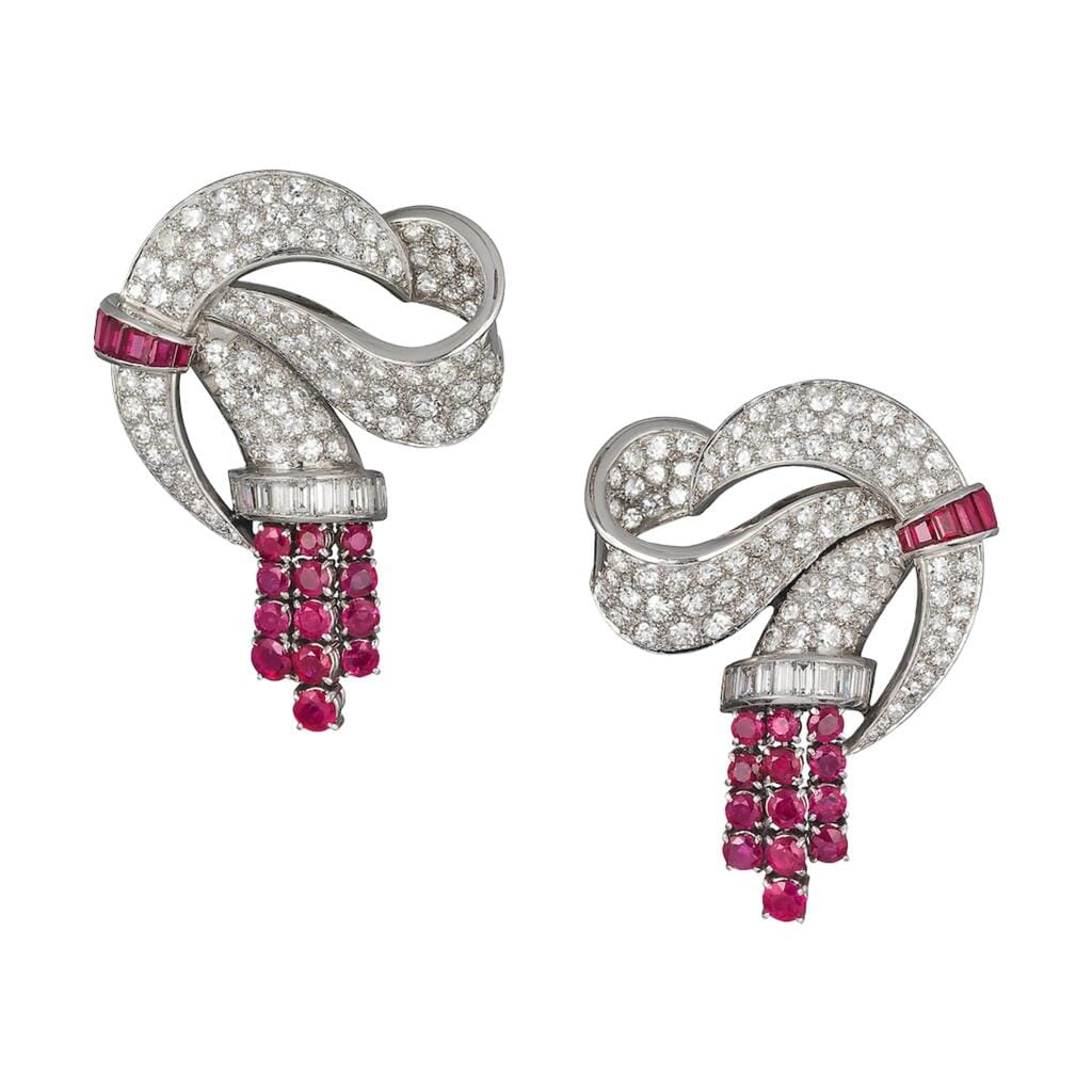 Platinum, White Gold, Burmese Ruby and Diamond Convertible Double Clip Brooch Earclips