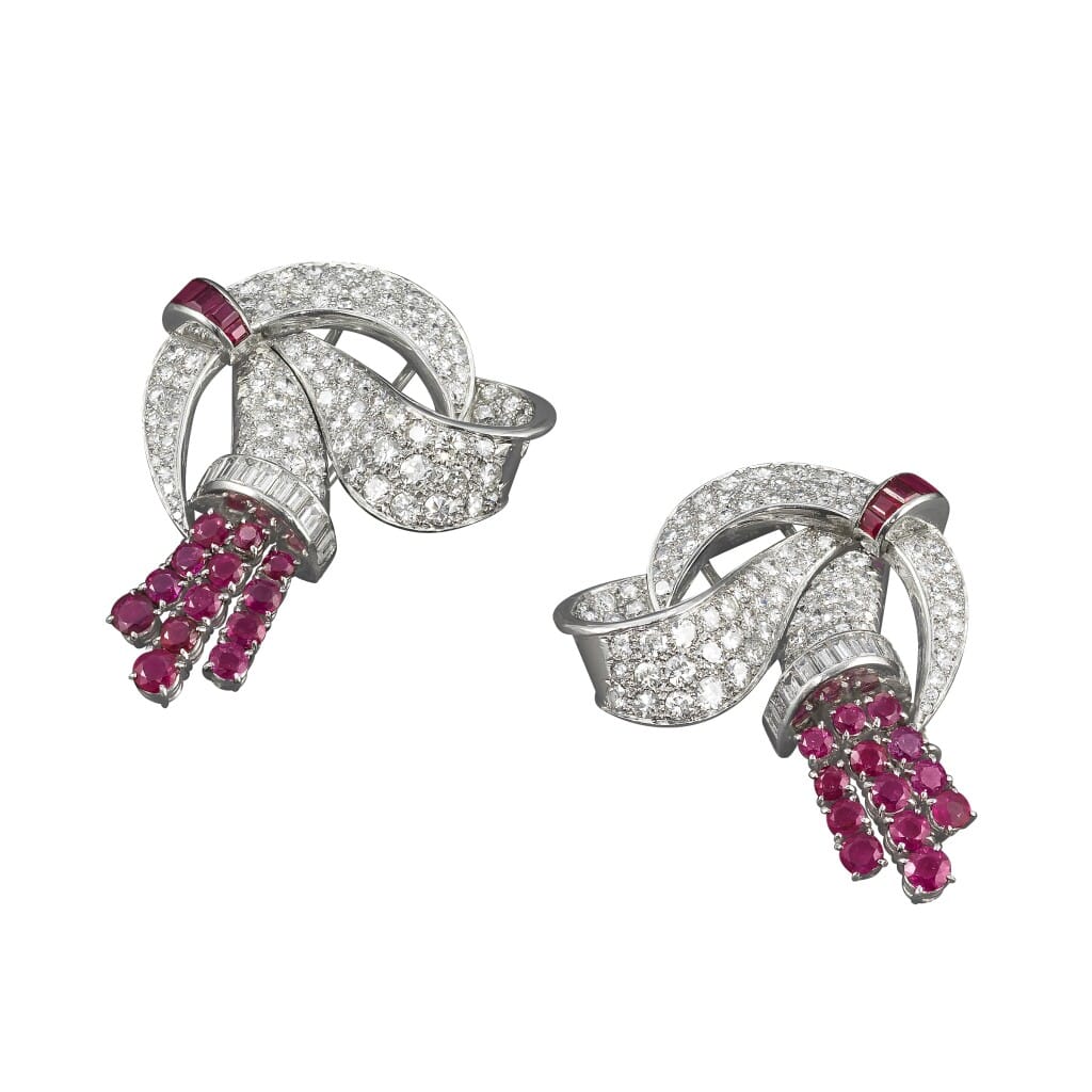 Platinum, White Gold, Burmese Ruby and Diamond Convertible Double Clip Brooch Earclips