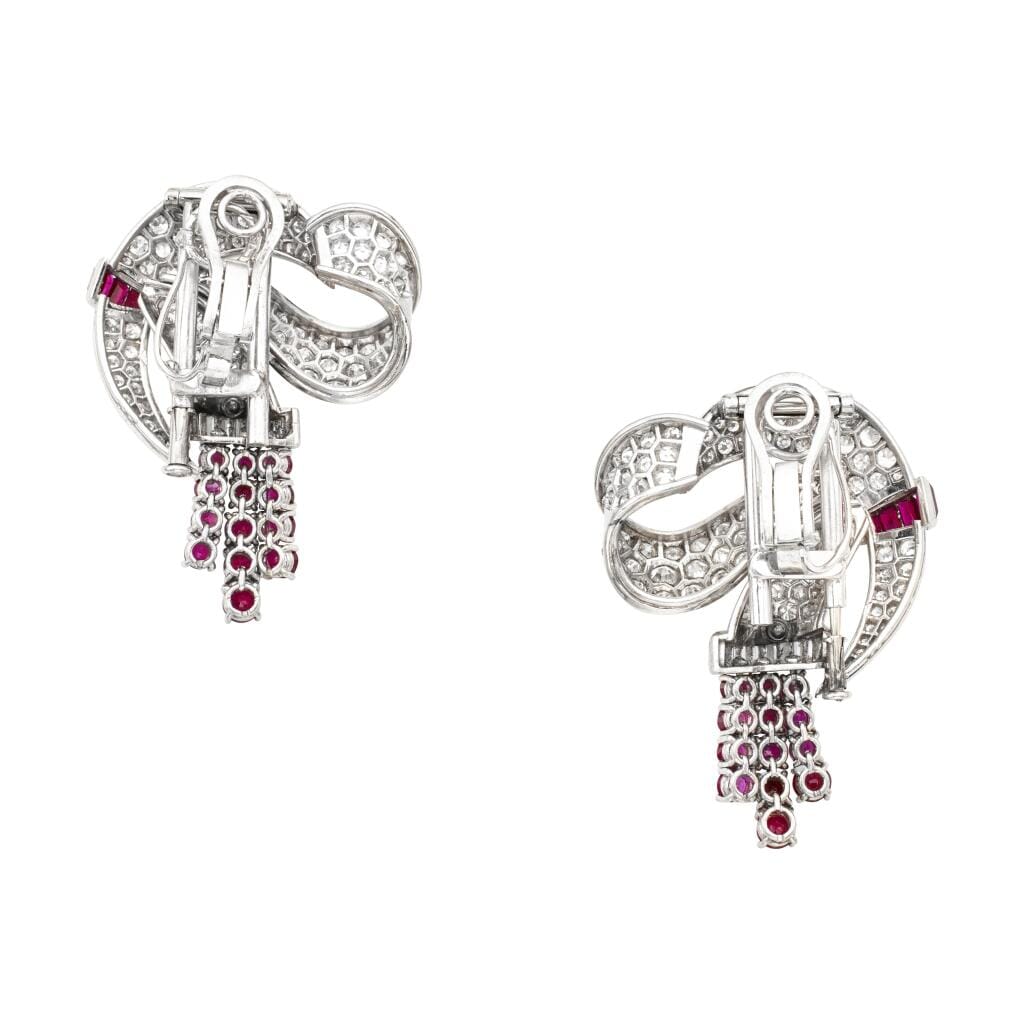 Platinum, White Gold, Burmese Ruby and Diamond Convertible Double Clip Brooch Earclips