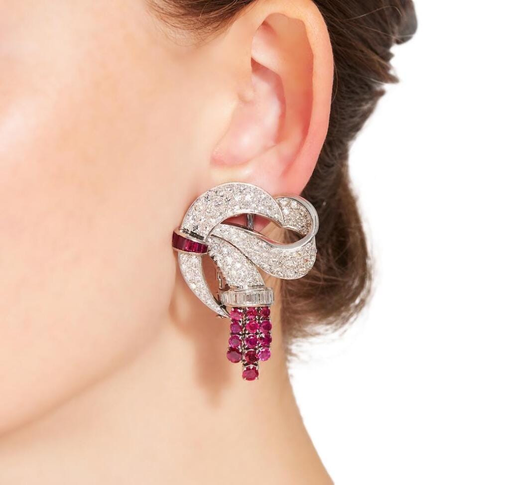 Platinum, White Gold, Burmese Ruby and Diamond Convertible Double Clip Brooch Earclips