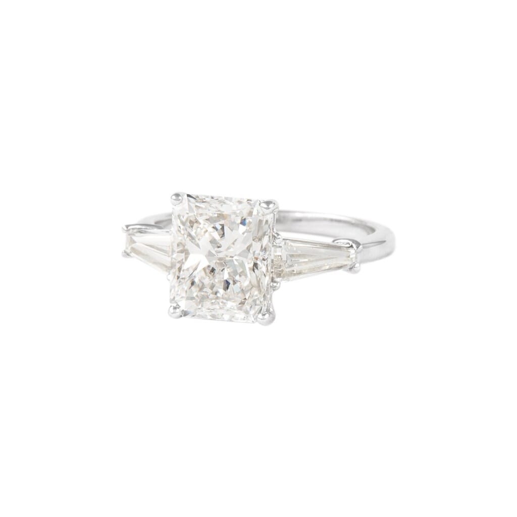 White Gold and 3.02ct Radiant Cut Diamond Three Stone Engagement Ring