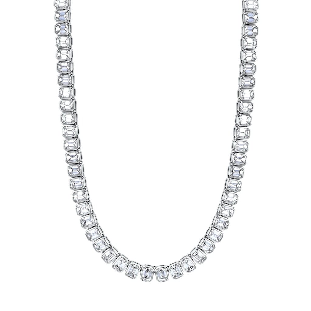 Platinum and 34.00ctw Emerald Cut Diamond Bezel Tennis Necklace