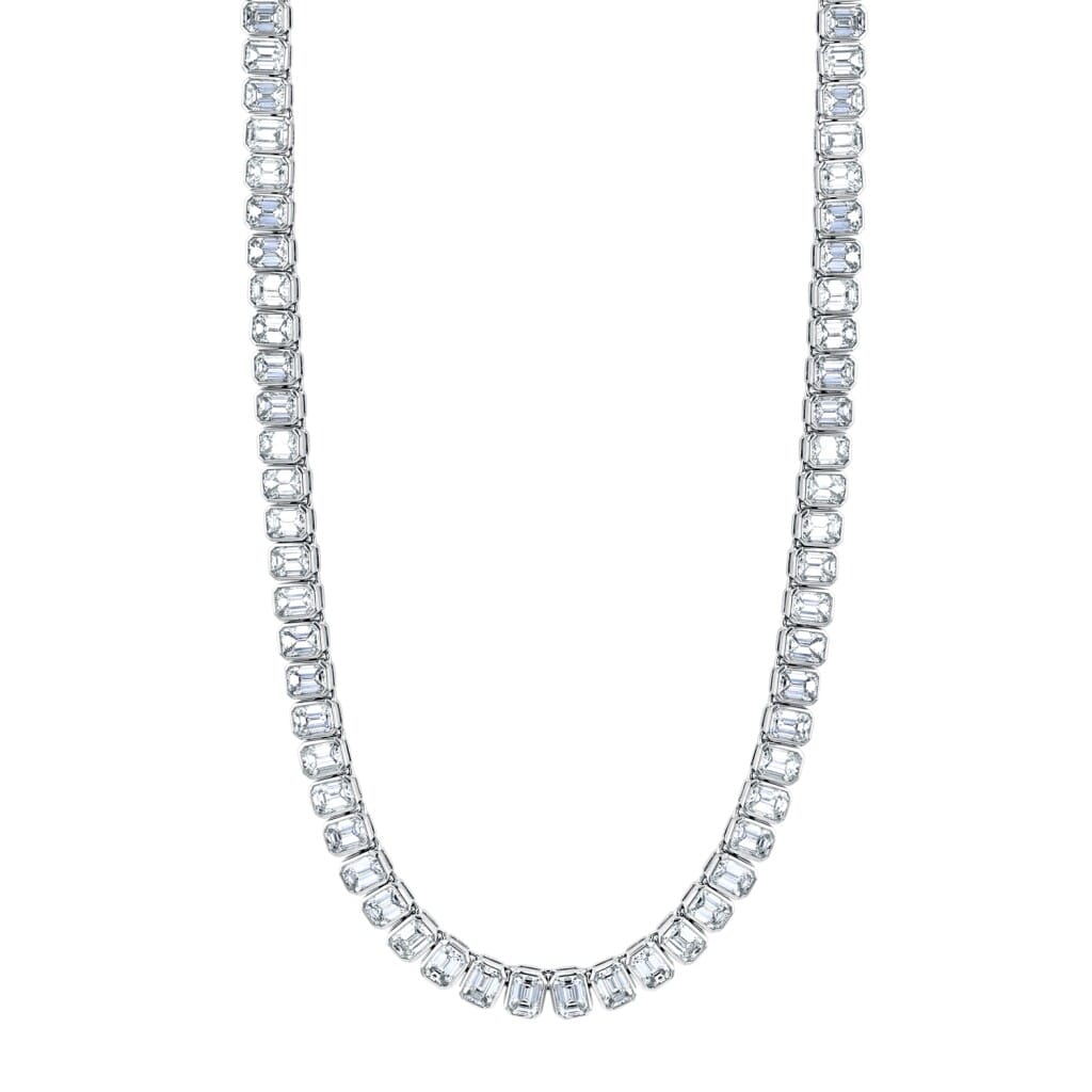 Platinum and 21.40ctw Emerald Cut Diamond Bezel Tennis Necklace