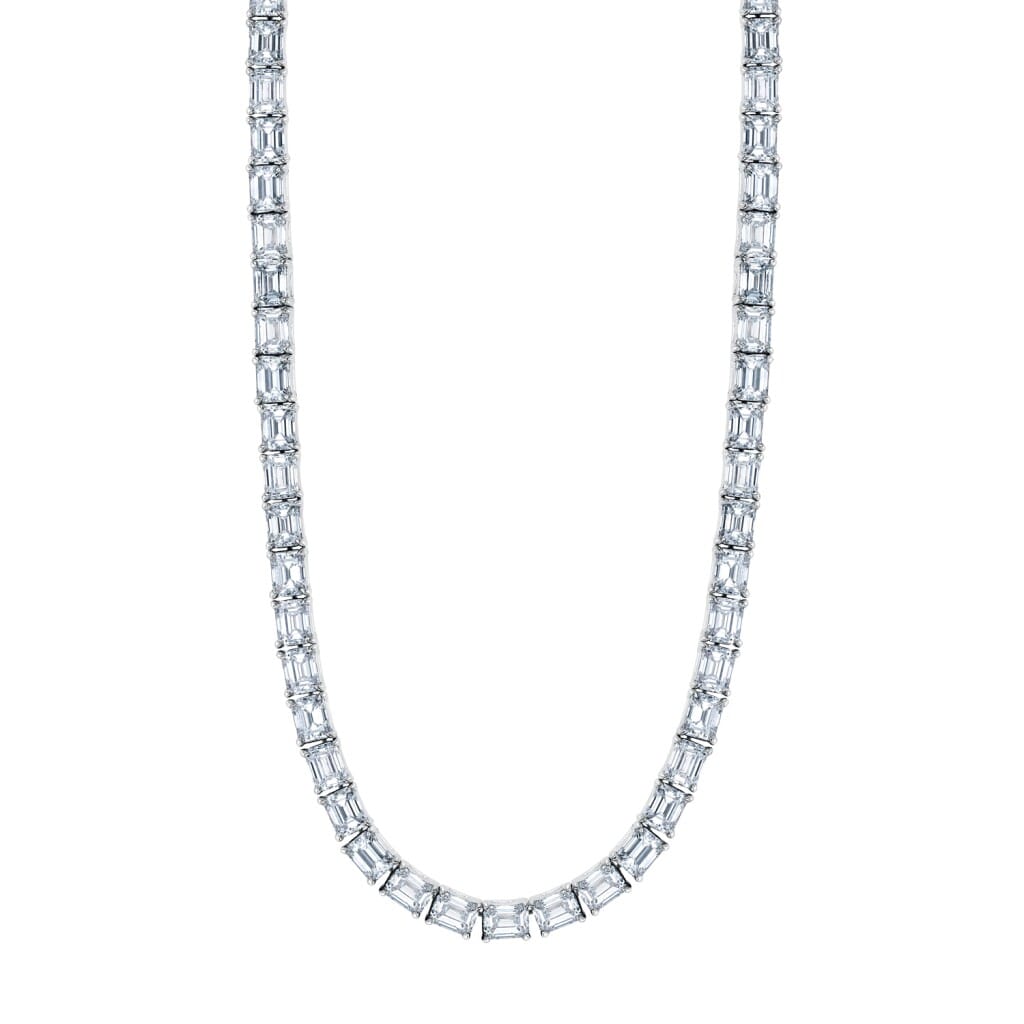 Platinum and 30.40ctw Emerald Cut Tennis Necklace