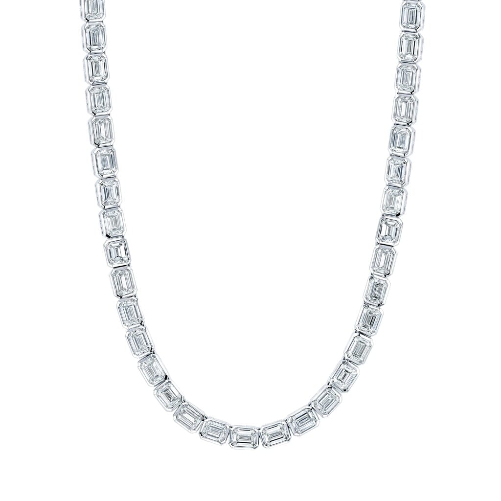 Platinum and 30.00ctw Emerald Cut Bezel Tennis Necklace