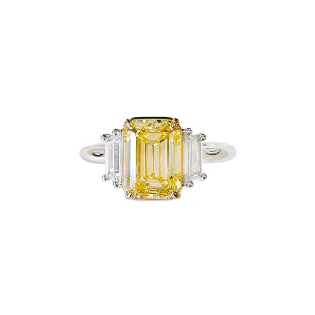 Platinum, Gold, 3.11ct Emerald Cut Fancy Yellow Diamond and Diamond Ring