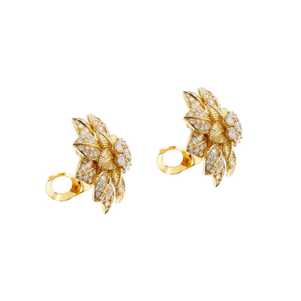 Vintage Gold and Diamond Flower Earclips