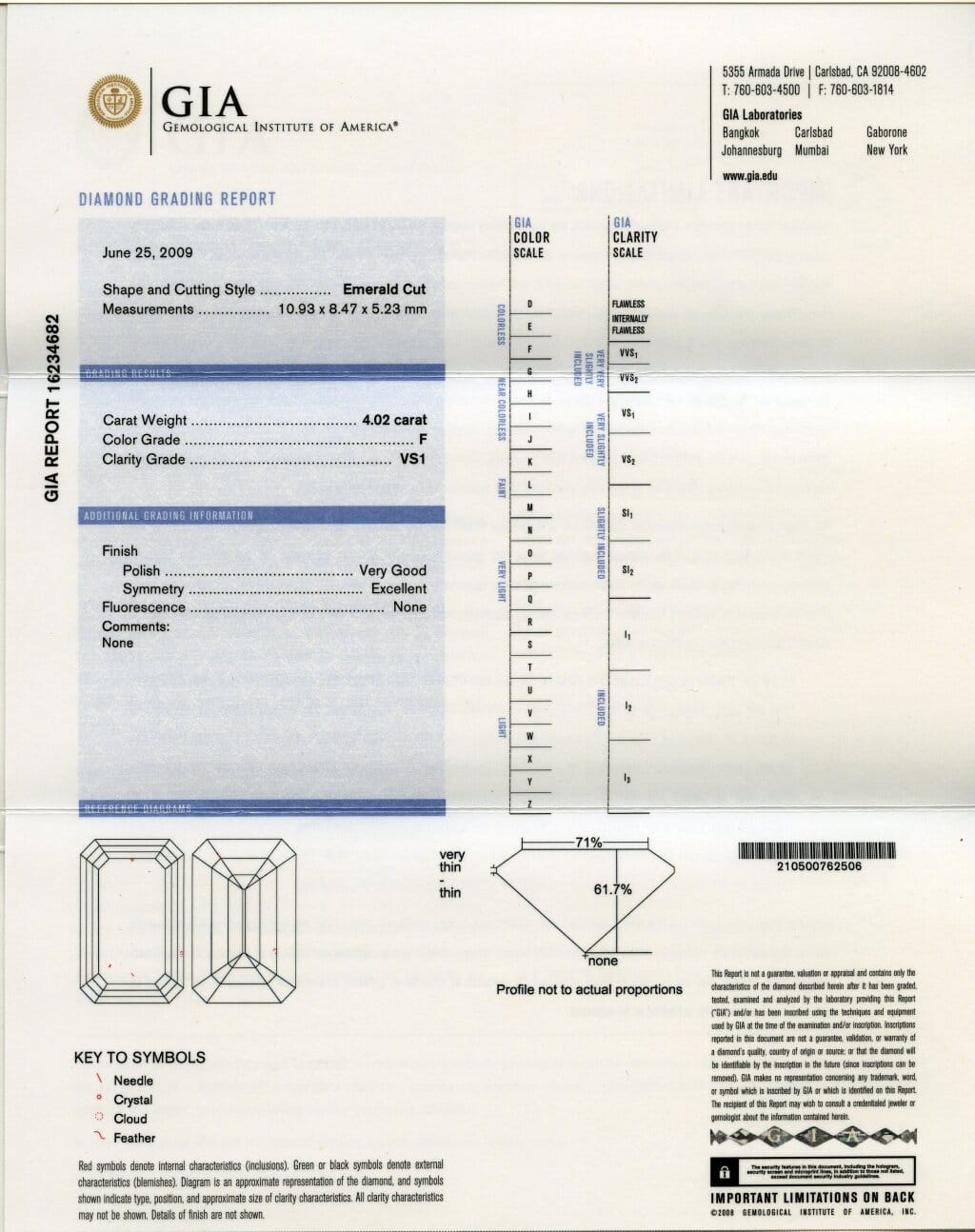 Platinum, 4.02ct Emerald Cut Diamond and Diamond Three Stone Engagement Ring