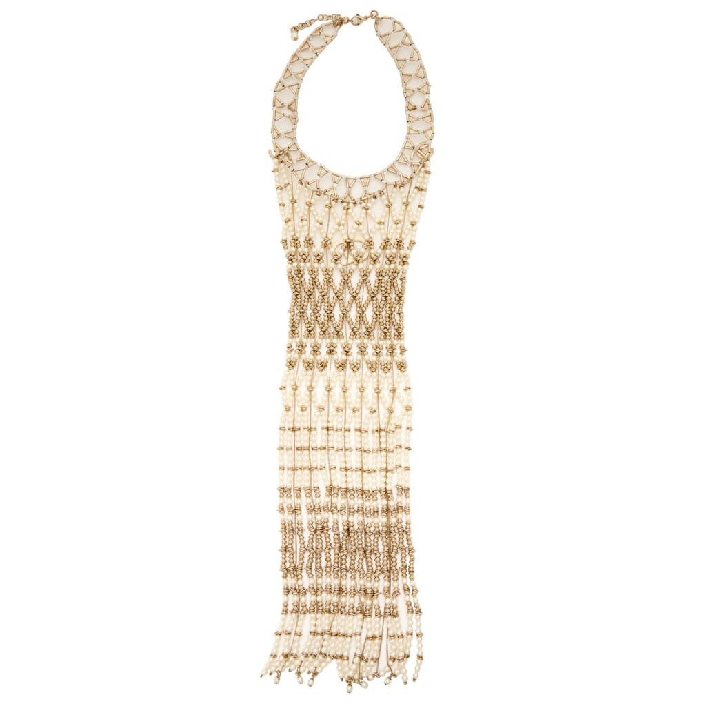 Gold Metal, Crystal, and Imitation Pearl CC Bib Chain Necklace, 2019