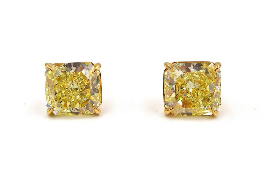 Gold, 11.63ctw Radiant Cut Fancy Yellow Diamond Stud Earrings