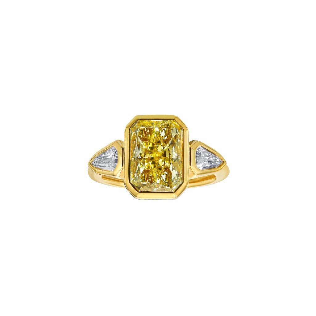 Gold, 3.35ct Radiant Cut Fancy Light Yellow Diamond and Diamond Bezel Set Ring