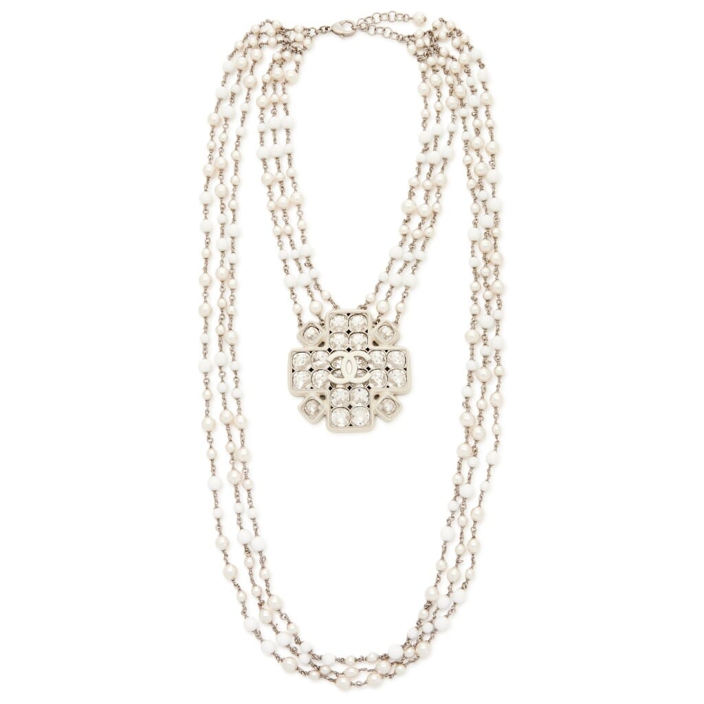 Silver Metal, Imitation Pearl, White Resin, and Crystal CC Long Necklace, 2019