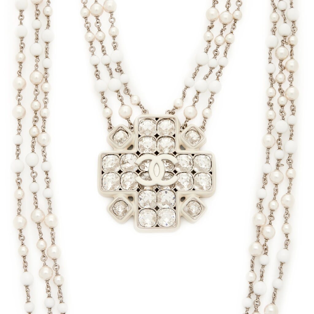 Silver Metal, Imitation Pearl, White Resin, and Crystal CC Long Necklace, 2019