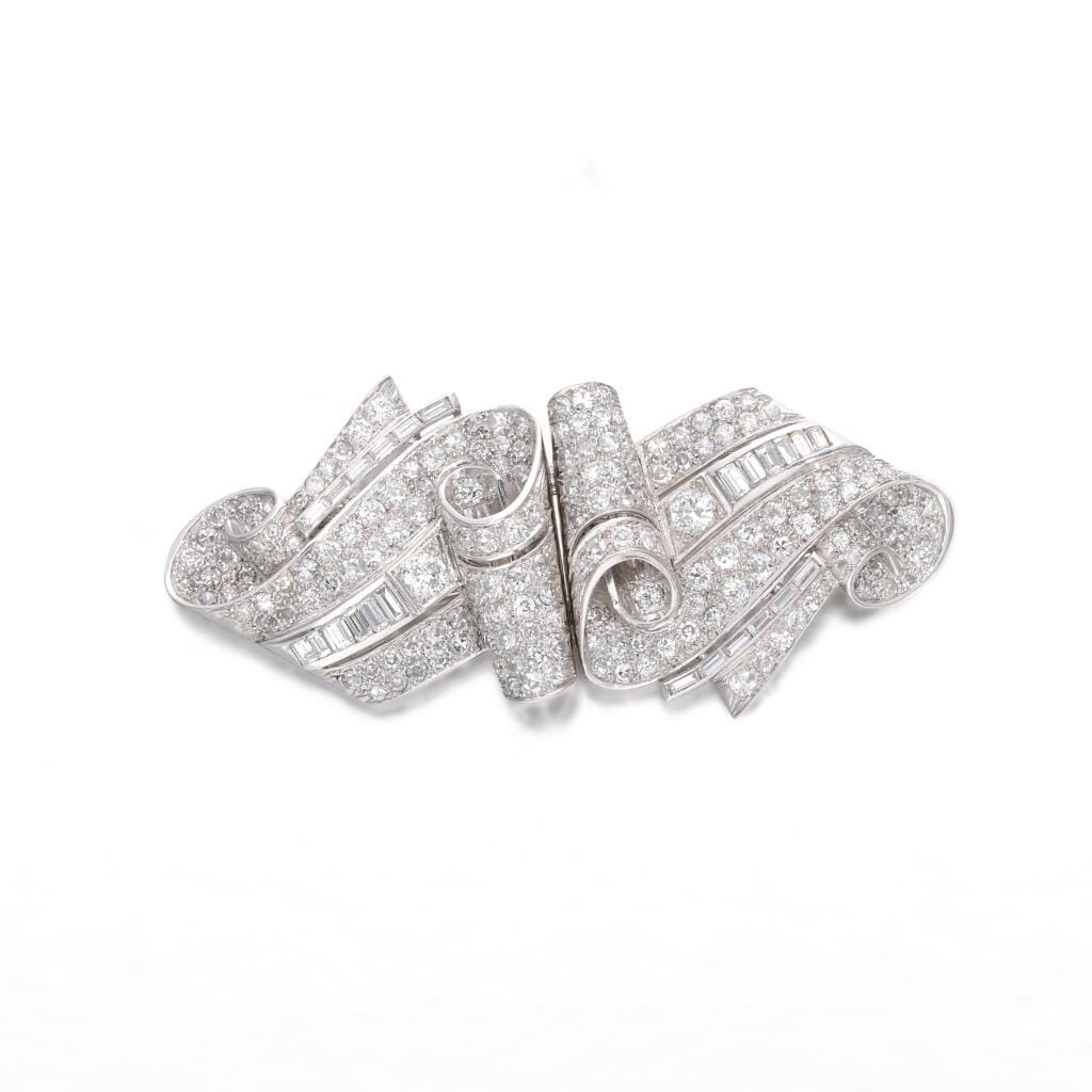 Art Deco Platinum, White Gold and Diamond Double Clip Brooch