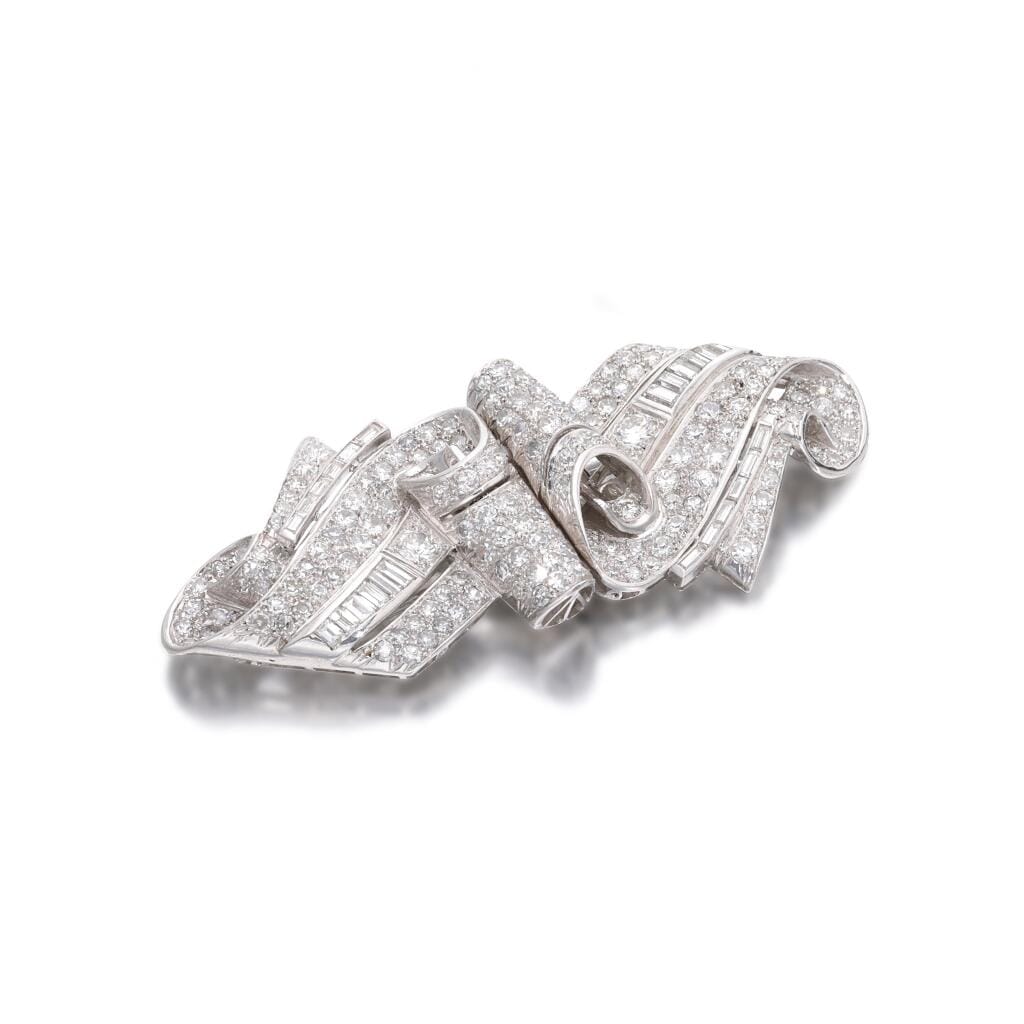 Art Deco Platinum, White Gold and Diamond Double Clip Brooch