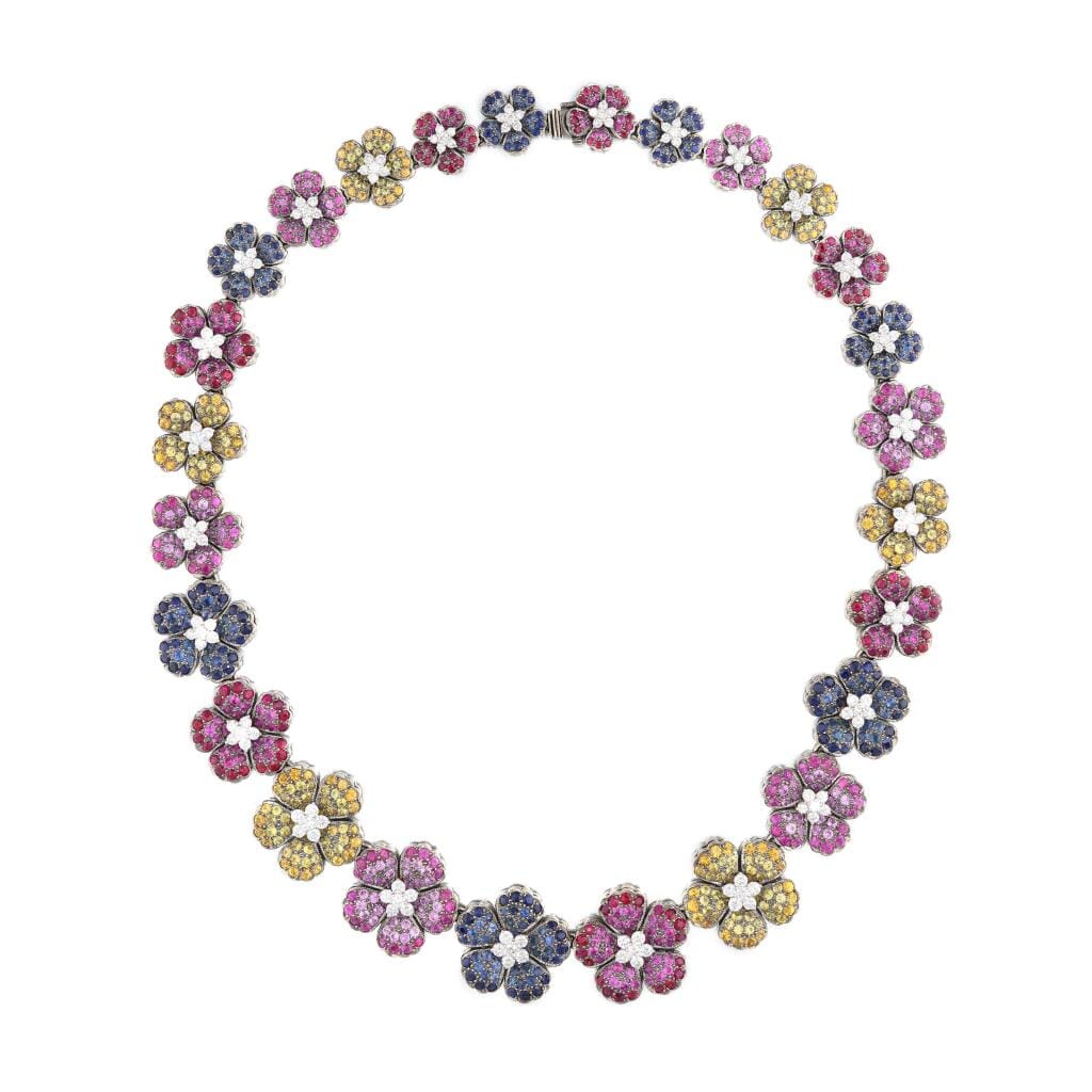 White Gold, Multicolor Sapphire and Diamond Floral Necklace