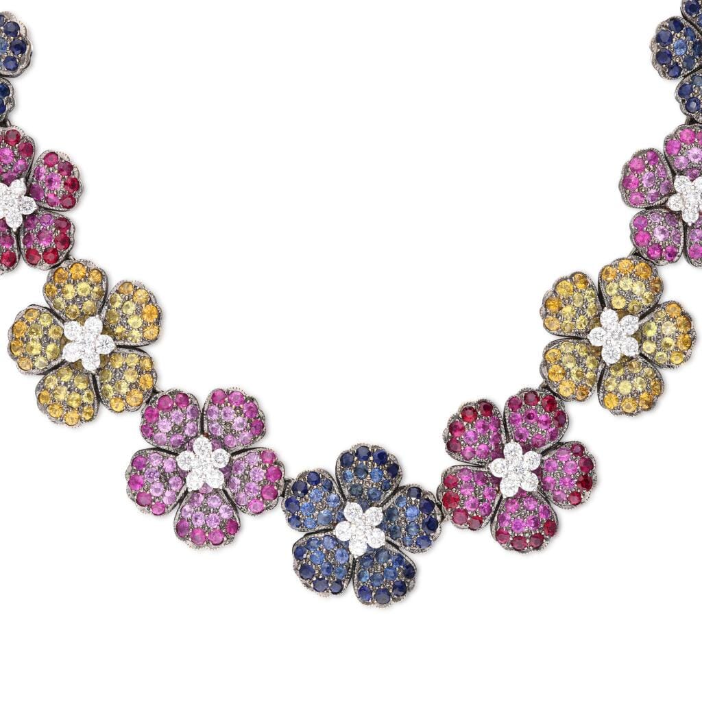 White Gold, Multicolor Sapphire and Diamond Floral Necklace
