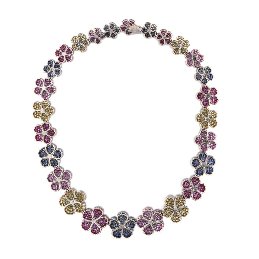 White Gold, Multicolor Sapphire and Diamond Floral Necklace