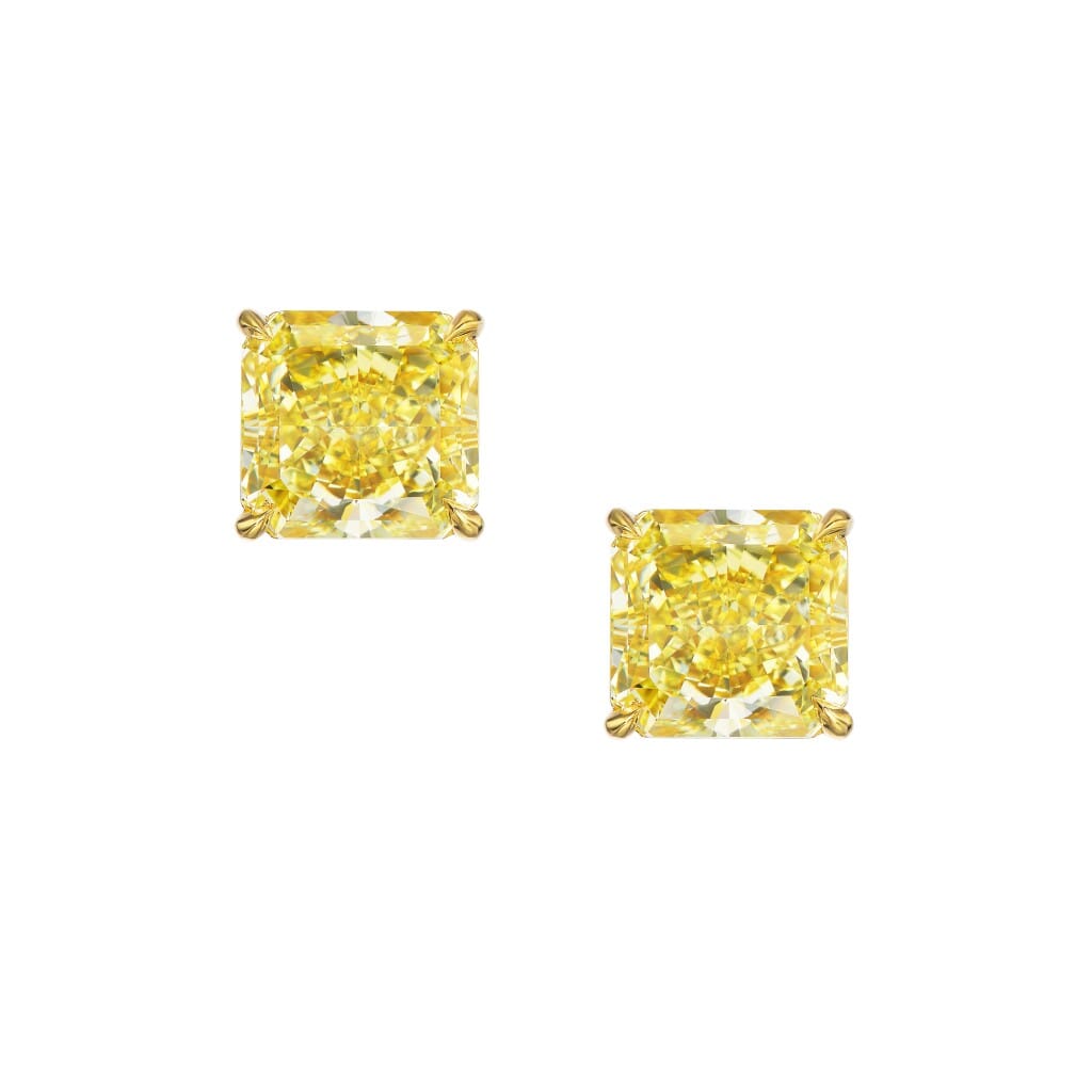 Gold and 6.59ctw Radiant Cut Fancy Intense Yellow Diamond Stud Earrings