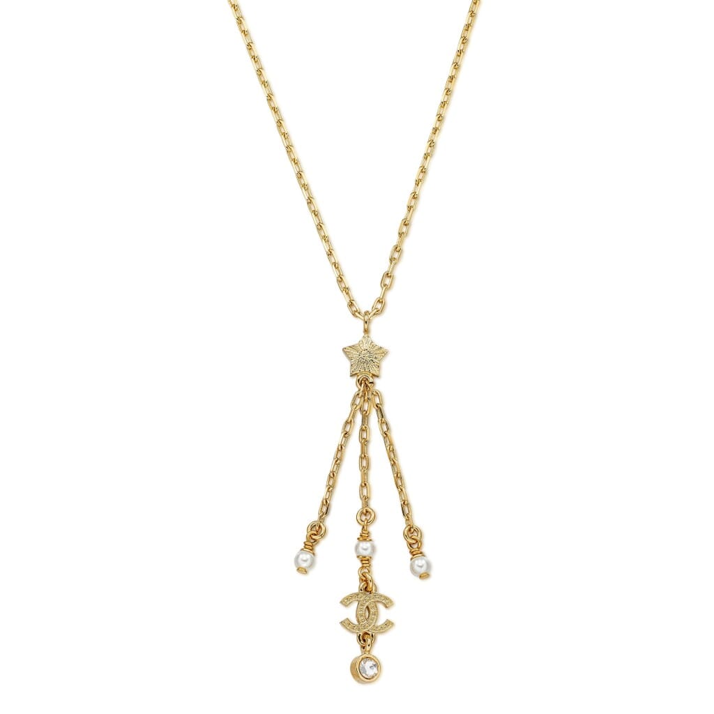 Imitation Pearl, Crystal and Gold Metal Star CC Necklace