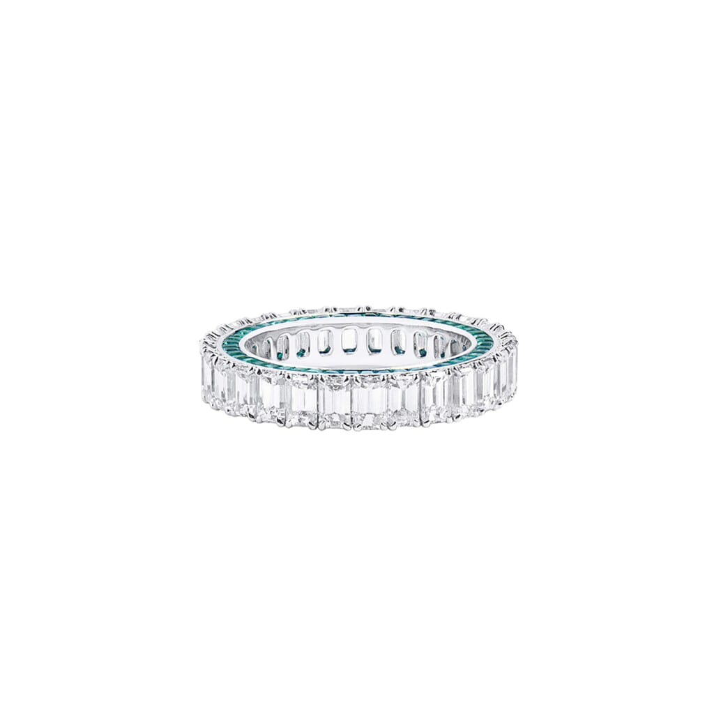 White Gold, 4.10ctw Emerald Cut Diamond and Emerald Eternity Band Ring