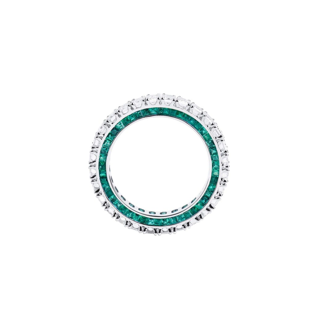 White Gold, 4.10ctw Emerald Cut Diamond and Emerald Eternity Band Ring