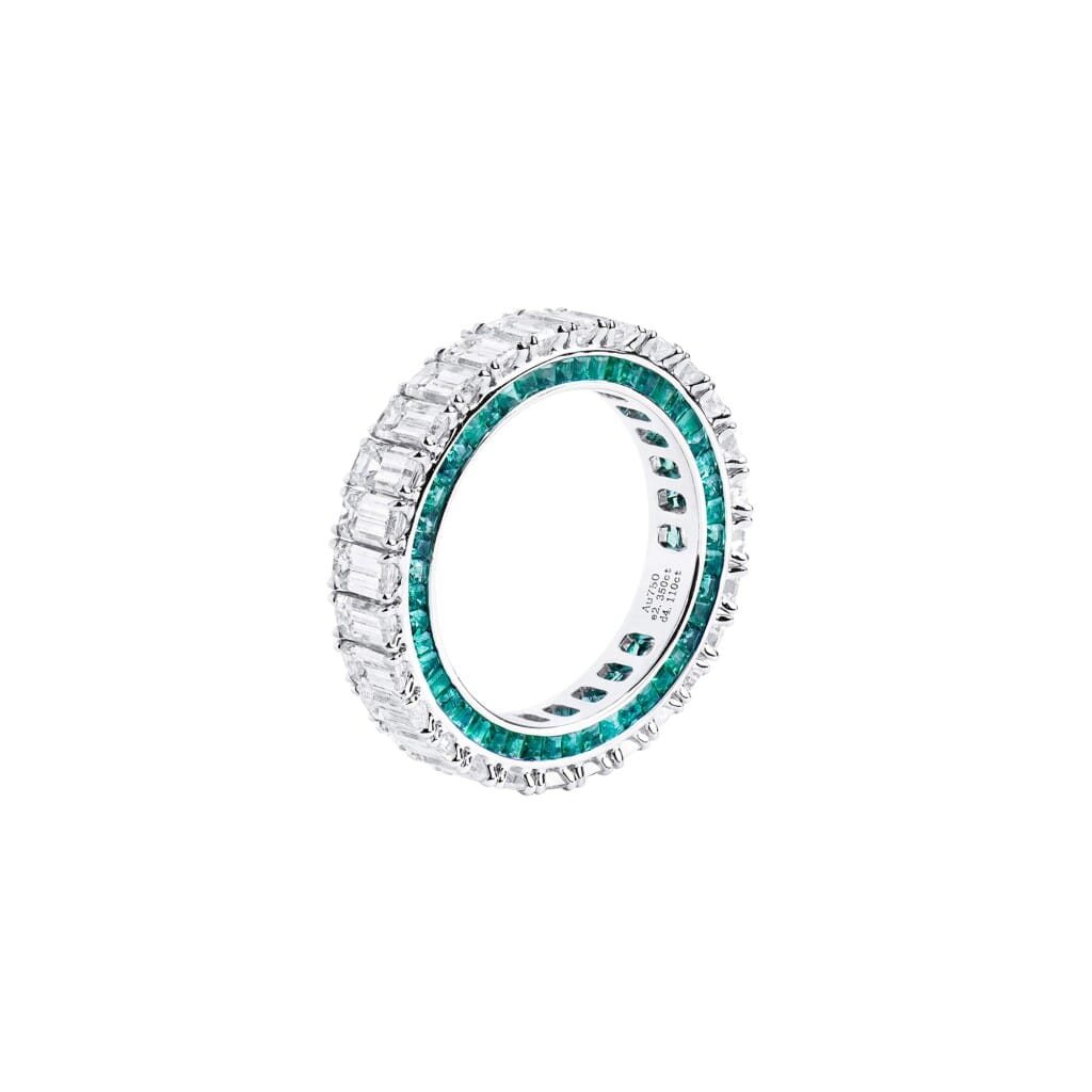 White Gold, 4.10ctw Emerald Cut Diamond and Emerald Eternity Band Ring