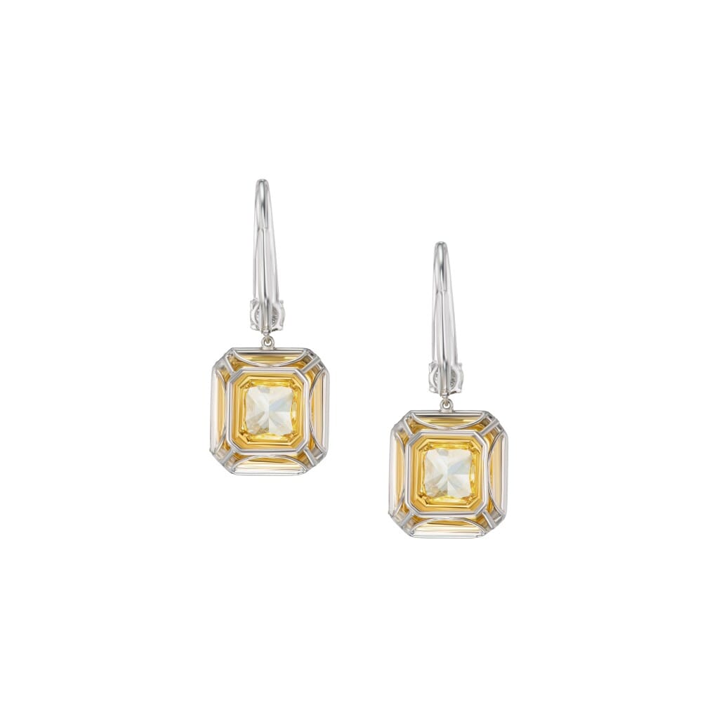 Platinum, Gold, 4.05ct Radiant Cut Fancy Yellow Diamond and Diamond Drop Earrings