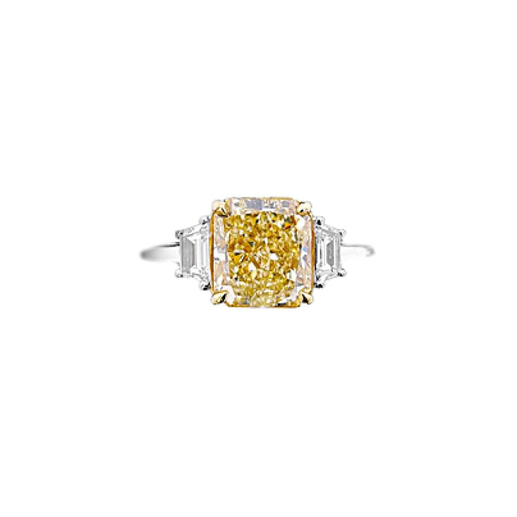 White Gold, Gold, 2.57ct Radiant Cut Fancy Yellow Diamond and Diamond Three Stone Ring