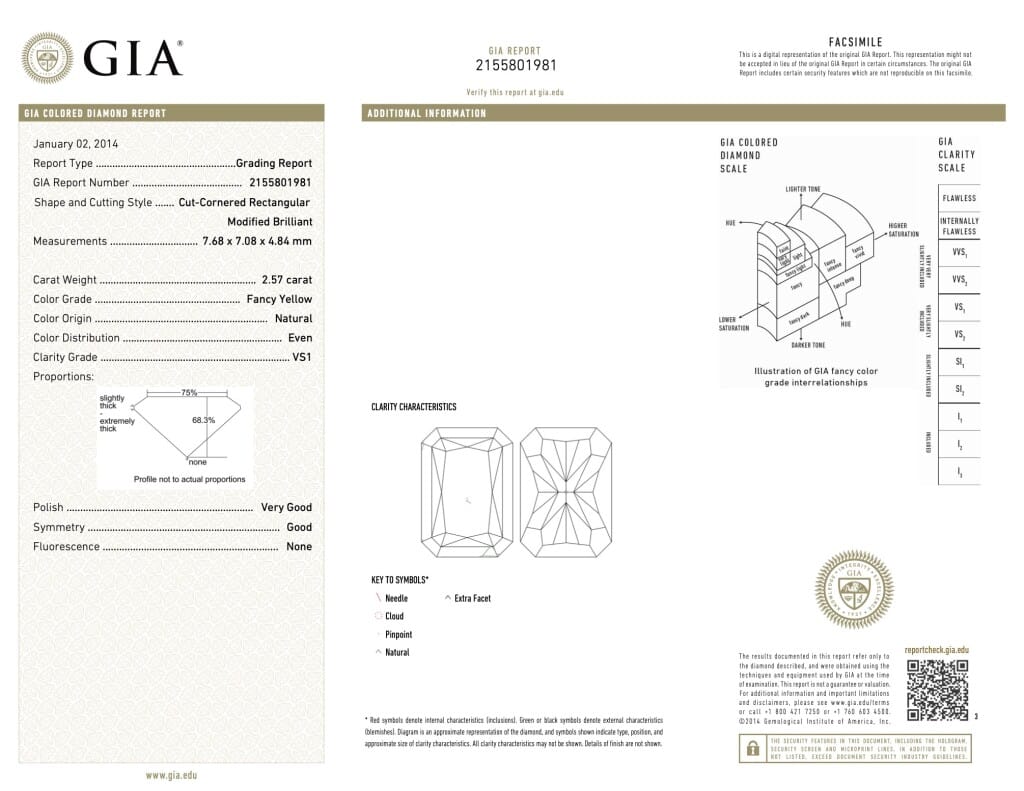 White Gold, Gold, 2.57ct Radiant Cut Fancy Yellow Diamond and Diamond Three Stone Ring