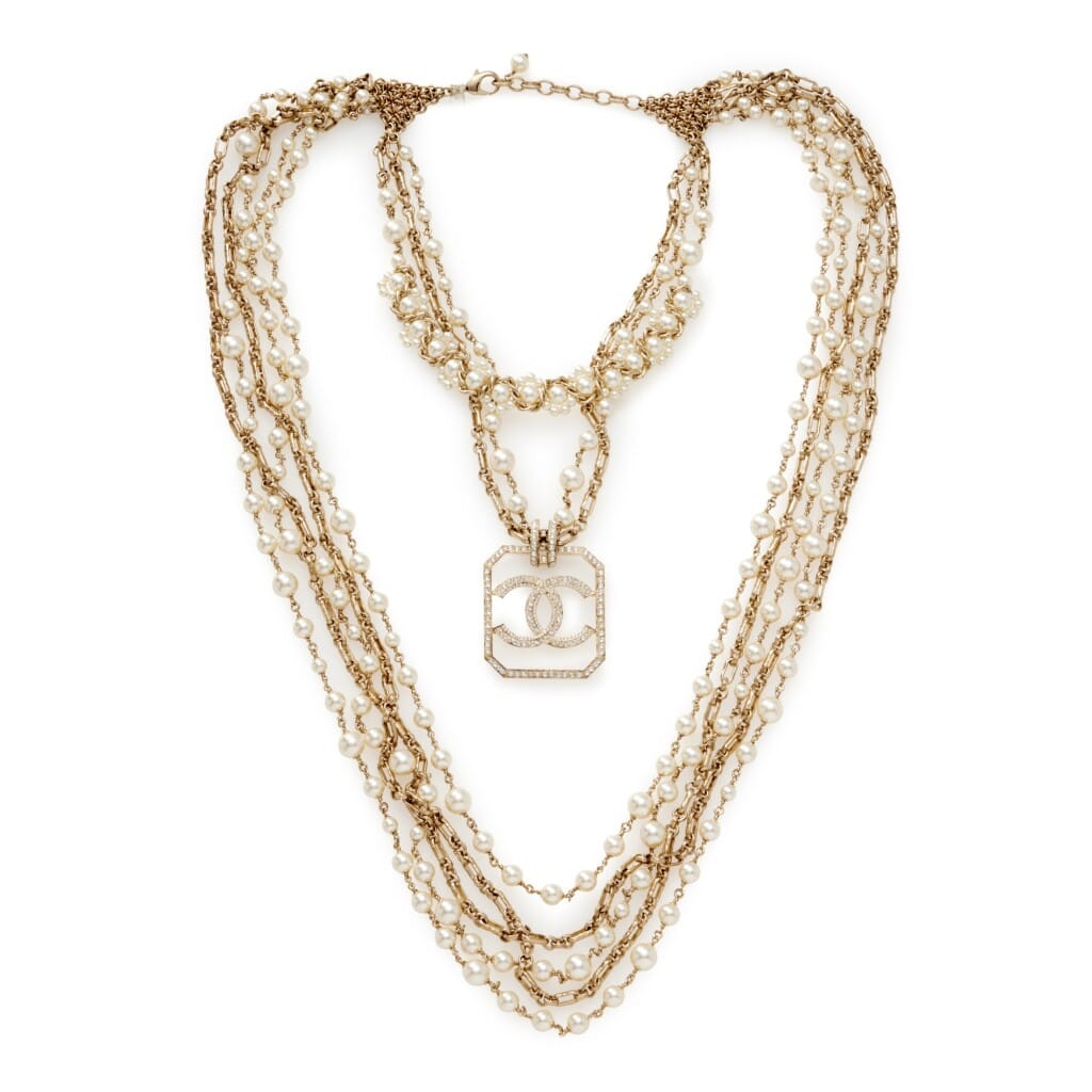 Multi Strand Gold Metal and Imitation Pearl Oversize CC Necklace, 2017