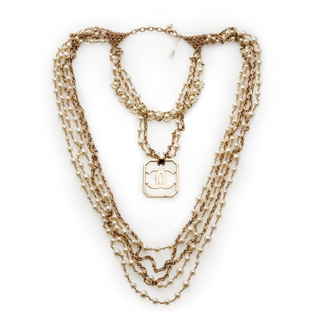 Multi Strand Gold Metal and Imitation Pearl Oversize CC Necklace, 2017
