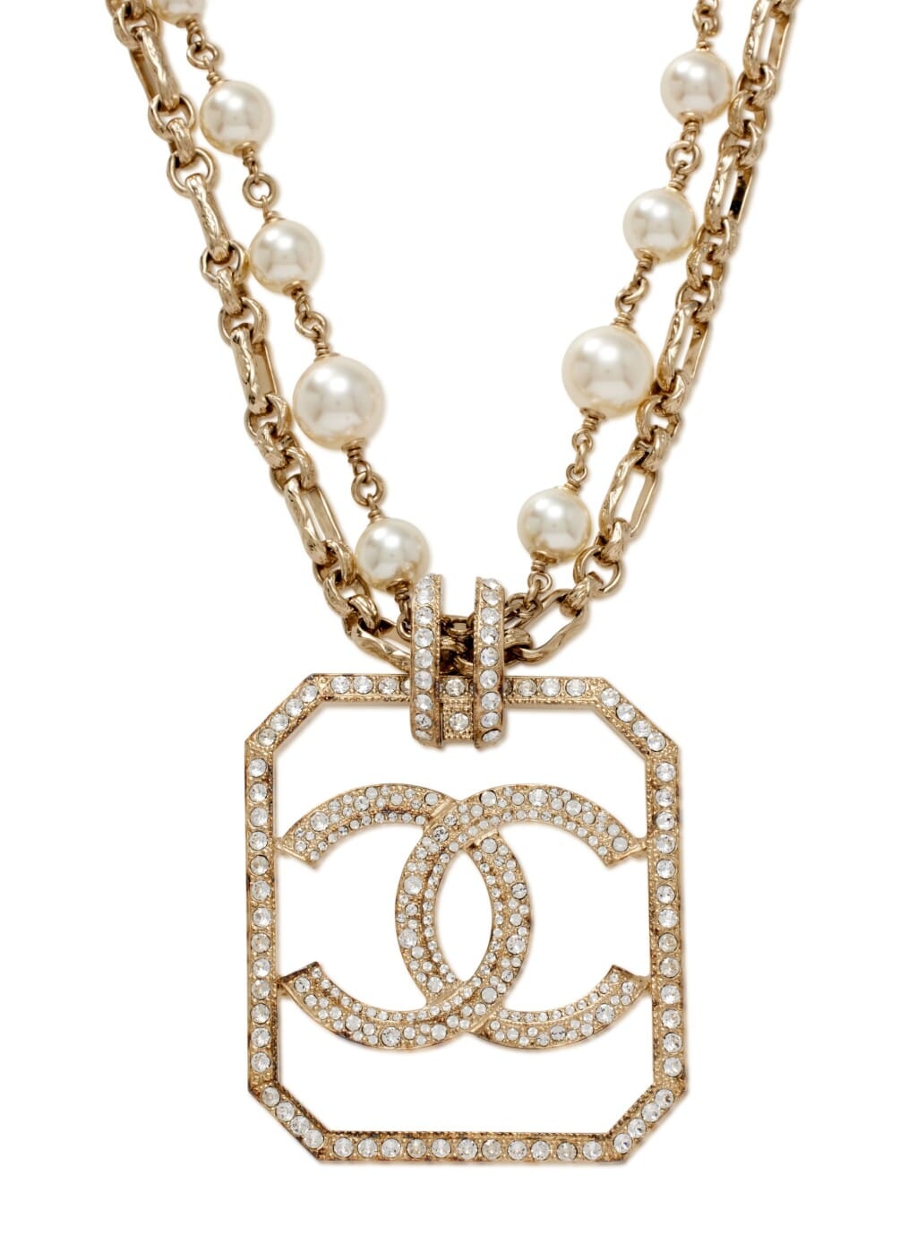 Multi Strand Gold Metal and Imitation Pearl Oversize CC Necklace, 2017