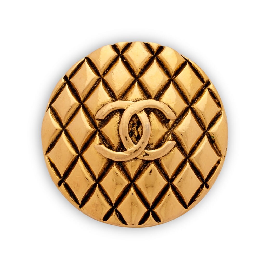 Gold Metal Quilted CC Brooch, 1980s