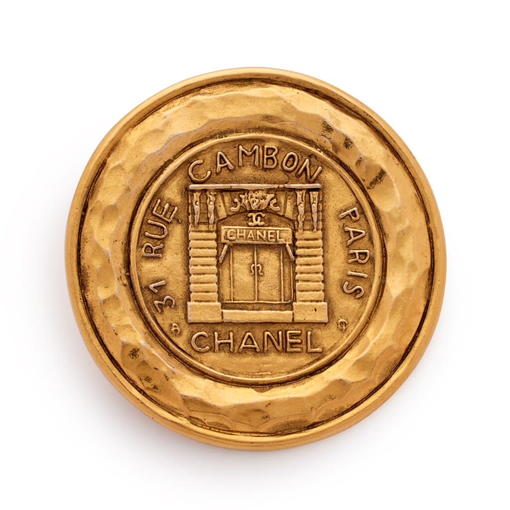 Gold Metal 31 Rue Cambon Brooch, 1990s