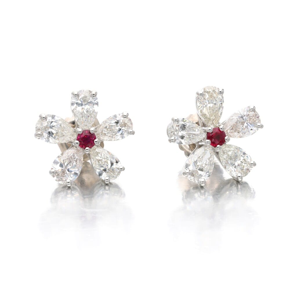 Platinum, Ruby and Diamond Flower Earrings