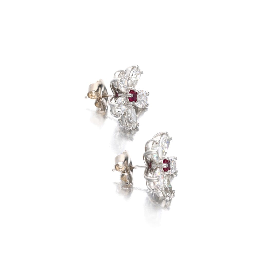 Platinum, Ruby and Diamond Flower Earrings