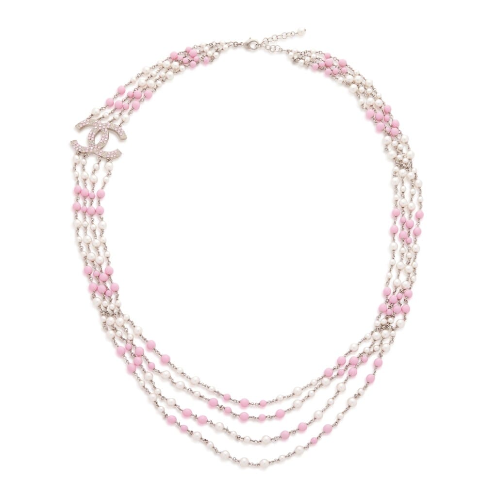 Pink Strass and Imitation Pearl CC Long Necklace, 2022