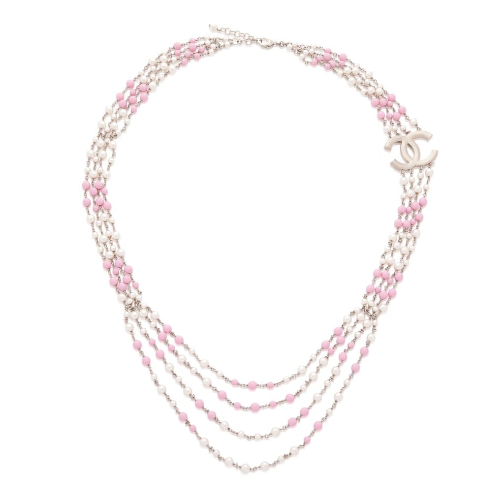Pink Strass and Imitation Pearl CC Long Necklace, 2022