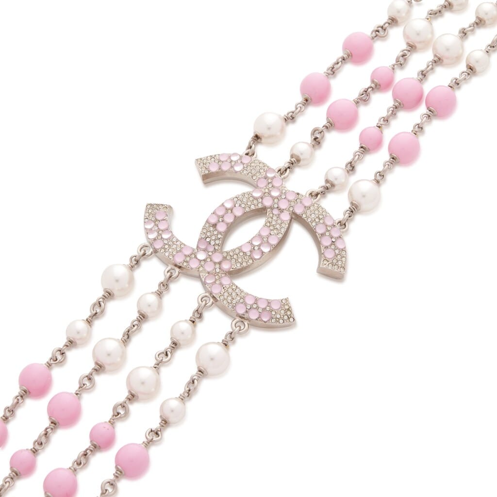 Pink Strass and Imitation Pearl CC Long Necklace, 2022