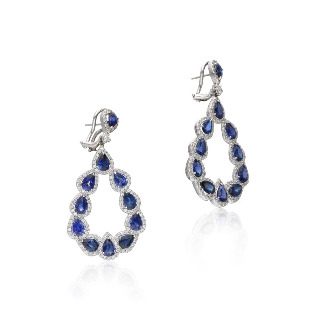 White Gold, Sapphire and Diamond Drop Earclips