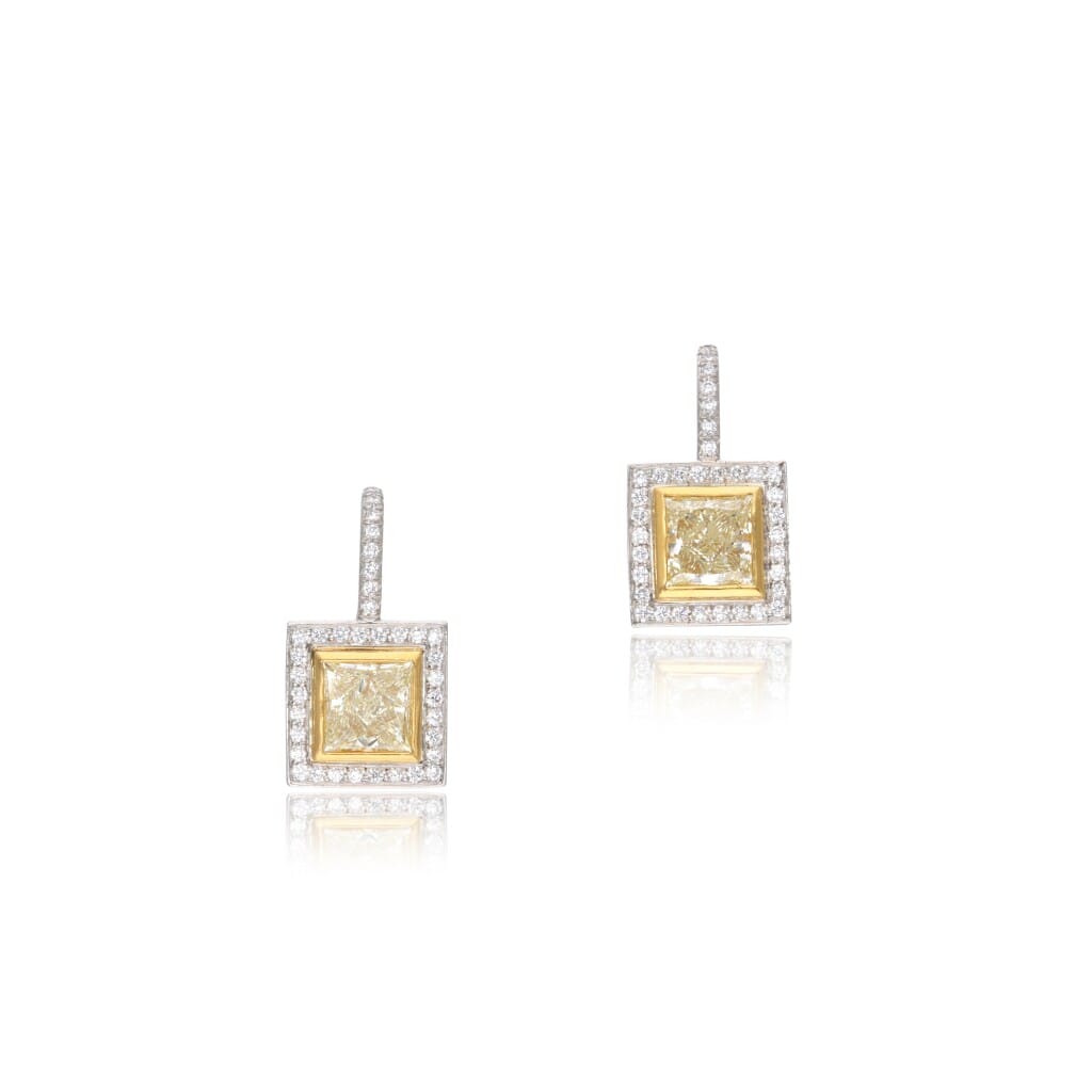Platinum, Gold, 1.90ct Princess Cut Yellow Diamond and Diamond Earrings