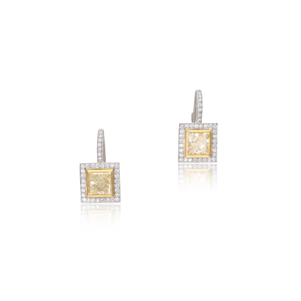 Platinum, Gold, 1.90ct Princess Cut Yellow Diamond and Diamond Earrings