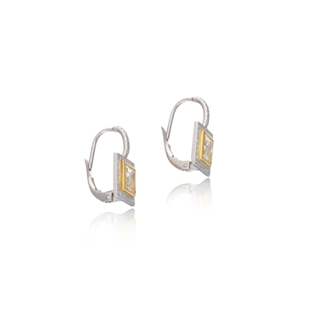 Platinum, Gold, 1.90ct Princess Cut Yellow Diamond and Diamond Earrings