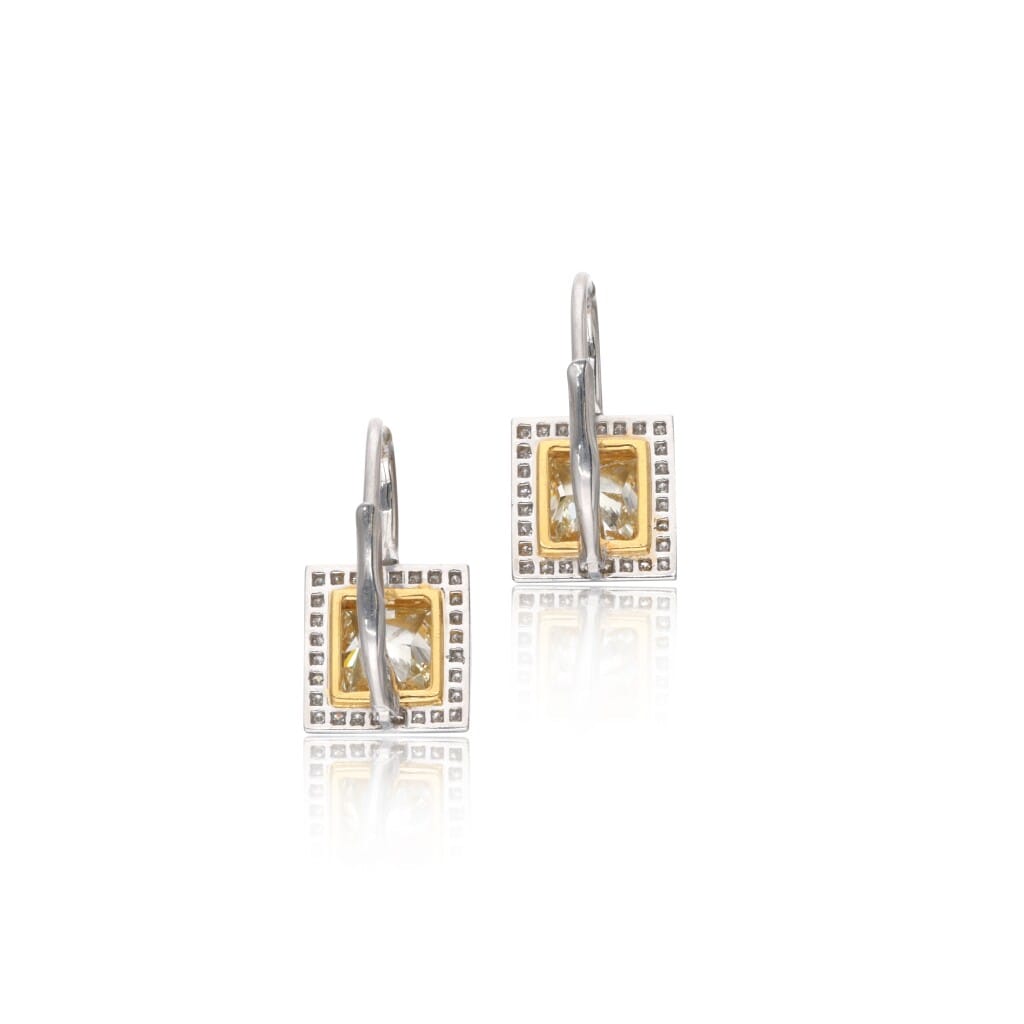 Platinum, Gold, 1.90ct Princess Cut Yellow Diamond and Diamond Earrings