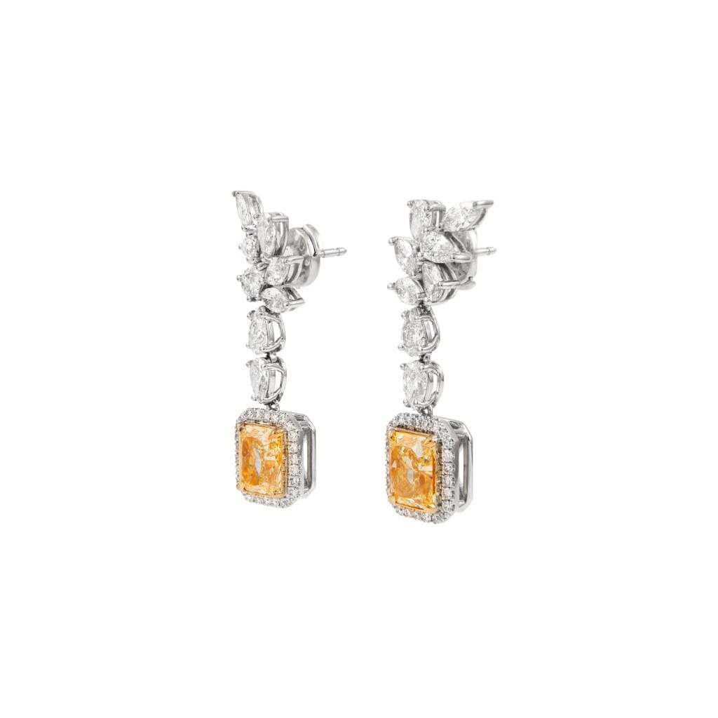 White Gold, Gold, 4.56ctw Radiant Cut Fancy Yellow Diamond and Diamond Drop Earrings
