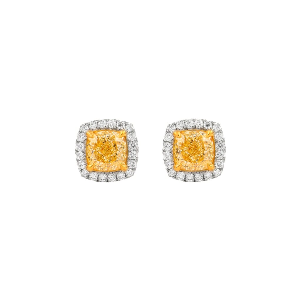 White Gold, Gold, 3.35ctw Cushion Cut Fancy Yellow Diamond and Diamond Stud Earrings